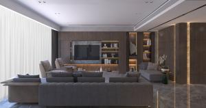 Luxury modern living room featuring soft warm lighting