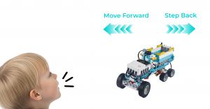 Child using voice commands to control an ELECFREAKS micro:bit Nezha Pro AI Mechanical Power Kit robot car, demonstrating AI-powered motion control and interactive STEM learning.