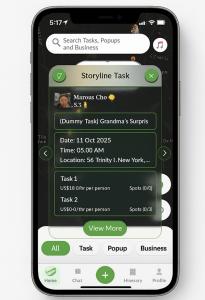 Mockup of the Secret World mobile app on an iPhone, featuring a storyline task called “Grandma’s Surprise” set in downtown New York. The app interface shows a map, event timing, and two tasks—one offering $25/hr. The aesthetic hints at urban exploration a