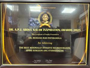 Close-up of the Dr. A.P.J. Abdul Kalam Inspiration Awards 2025 certificate presented to Dr. Mohana Rao Patibandla for Best Minimally Invasive Neurosurgeon, Spine Surgeon, and Stereotactic Neurosurgeon.