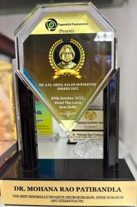 Close-up of the Dr. A.P.J. Abdul Kalam Inspiration Awards 2025 trophy presented to Dr. Mohana Rao Patibandla for Best Minimally Invasive Neurosurgeon, Spine Surgeon and Stereotactic Neurosurgeon.