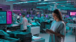 Smiling female operator holding a tablet in a modern print-on-demand apparel facility, surrounded by AI-powered machines and folded T-shirts, with teal and magenta lighting across the production floor.