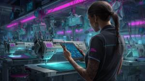 Female embroidery technician with a sleek ponytail holding a digital tablet, reviewing AI-generated stitch patterns in a modern embroidery workshop with teal and magenta lighting.