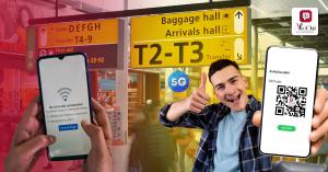 A traveler at the airport shows a smartphone with the AloOui eSIM QR code ready to activate, smiling with a thumbs-up beside a 5G symbol. Another phone screen displays ‘No Internet Connection’ in the background, symbolizing the contrast between poor conne