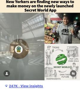 New York man holding his phone and cash after completing a task using the Secret World app, as part of a community post that reached over 247K views.