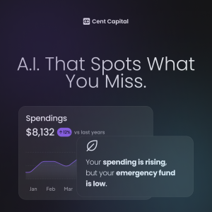 Cent Capital's AI feature showing a spending graph and a personalized financial wellness alert.
