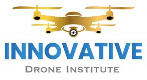 Gold drone image, with blue "Innovative" below, followed by silver "Drone Institute" below that