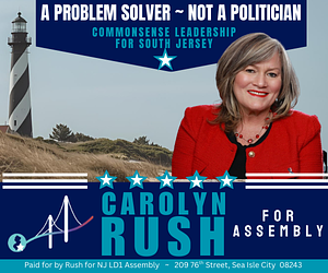 Carolyn Rush, Democratic candidate for the New Jersey General Assembly, featured in a campaign-style headshot graphic with her name and district displayed over a clean red, white, and blue design.
