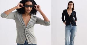 A split image showing two women wearing a V-neck knit top with a twisted knot detail at the front. The woman on the left is wearing the top in a light olive color, and the woman on the right is wearing it in black. 