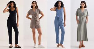 A collage of four women modeling different styles of jumpsuits and a maxi dress, all with drawstring waists. From left to right: a black sleeveless jumpsuit, a brown short-sleeved romper, a blue sleeveless jumpsuit, and a greyish-green maxi dress with draped sleeves.