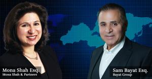 Mona Shah, Esq. and Sam Bayat, Esq. standing together, smiling, dressed professionally, representing their leadership and expertise in the investment migration industry.