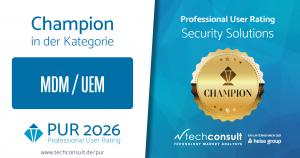 Award badge showing AppTec as the Champion in the MDM/UEM category of Techconsult’s PUR 2026 Professional User Rating for Security Solutions