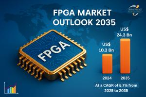The global field programmable gate array (FPGA) market size is projected to grow at a CAGR of 8.7% from 2025 to 2035 and reach US$ 24.3 Bn by 2035