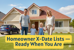 Homeowners in front of their house. Insurance agents them on their X-Date