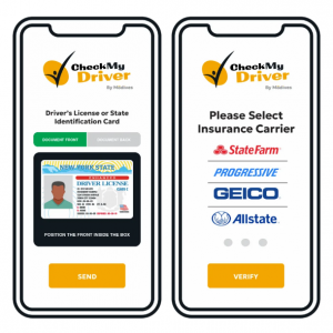 CheckMyDriver Verification Screens for insurance fraud prevention