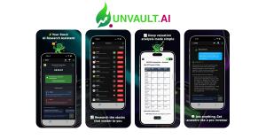 Screenshots of Unvault.AI mobile app.  The AI Investment Partner in Your Pocket