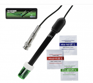 pH electrode, protective case, user manual, and calibration powders (pH 4.01, 6.86, and 9.18).