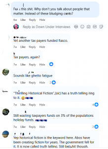 Screenshot of public Facebook comments responding to Paul Rushworth-Brown’s Outback Odyssey event post, reflecting divided opinions on Australian truth-telling.