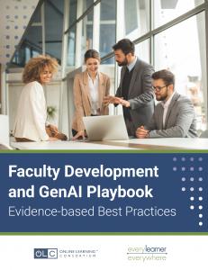Cover photo of the Faculty Development and GenAI Playbook with four faculty talking at table with laptop open.