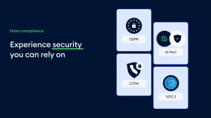 Image showing Tidio's compliance, privacy, and certification badges such as GDPR, CCPA, EU-US DPF, AI Pact, and SOC 2 Type 2