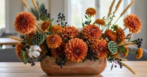 Rustic Thanksgiving arrangement featuring burnt orange dahlias, dried wheat stalks, autumn berries, and textured grasses in terracotta ceramic vessel