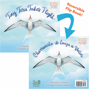 Cover images for reversible book Charrancito se lanza a volar / Tiny Tern Takes Flight