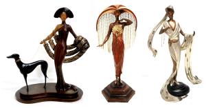 Three Erté bronze sculptures: Elegance, Le Soleil, and Scheherazade, showcasing Art Deco elegance and design.