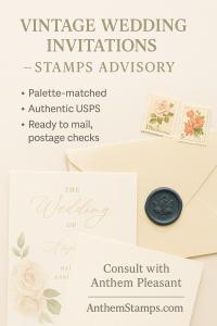 Soft neutral ad with cream invitation suite, navy wax seal, pastel floral stamps, and ‘Consult with Anthem Pleasant