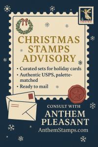 Festive Anthem Pleasant Christmas stamps advisory ad with cream stamp panel, snowflakes, wreath, wax seal, and envelopes