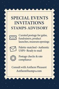 Navy and cream ad for Anthem Stamps special events invitations postage curation with icons and rate-compliance bullets