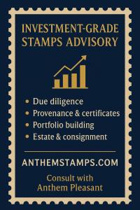 Navy and gold investment-grade stamps Anthem Pleasant advisory ad with perforated border, growth icon, and service list