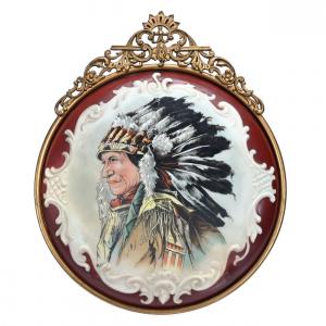 Unmarked Wave Crest round wall plaque, 9 ¾ inches in diameter, with a rare and eye-catching Native American Chief portrait carrying the artist’s initials (“R.L.”). Estimate: $4,000-$6,000.