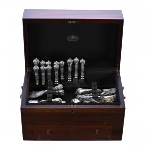 This circa 1905, 140-piece Whiting sterling silver flatware set in the Violet pattern with over 30 specialty pieces, weighing a total of 3575 grams, should change hands for $3,500-$4,500.
