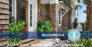 coastal shaker home entry with landscape and ocean glimpse through gates and tour logo with atlantic neptune and jacksonville beach
