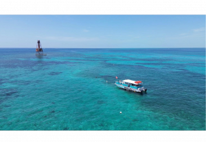 The Silent World Dive Center catamaran, Siren, with its twin Yamaha engines, powers toward the remote Carysfort Lighthouse on a sunny day in Key Largo, Florida.
