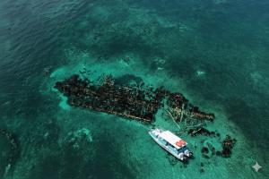 The Siren") anchored above the visible, intact remains of the historic Schooner shipwreck on a shallow coral reef.