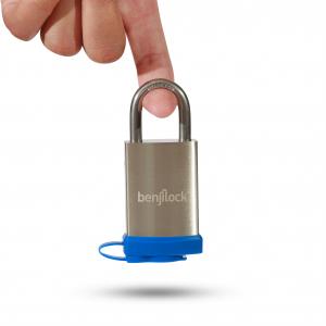 BenjiLock Outdoor Fingerprint Padlock from the Stainless Steel Series, shown in a sleek outdoor setting, now available on Wayfair.