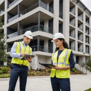 Construction supervisor using a digital inspection app on-site to record safety checks, manage risk assessments, and track project compliance.