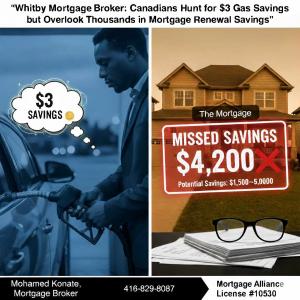 A split image contrasting a man checking a gas pump receipt (with a thought bubble showing '$3 savings') and a mortgage document lying next to a house with a large glowing overlay showing '$3,000 in missed savings.' This represents a mortgage renewal savi