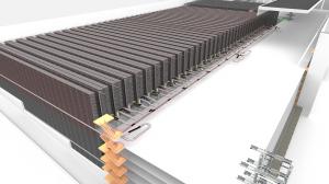 3D rendering of the TGW Logistics warehouse automation solution for Ekol Lojistik, primarily consisting of mini-load cranes and conveyor