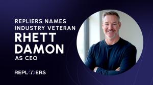 Professional headshot of Rhett Damon beside announcement text that reads “Repliers names industry veteran Rhett Damon as CEO.” The image features a dark blue Repliers-branded background used for the official 2025 CEO appointment press release.