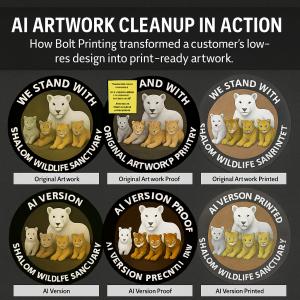 Side-by-side comparison showing original and AI-enhanced versions of a wildlife sanctuary design through artwork, proof, and printed stages.