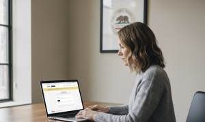 Editorial photo of a woman at a desk in natural light, looking at a laptop screen displaying the title "Unclaimed Money Claim Submission" and a green bar with the message "Claim Filed Successfully." A California state seal is visible on the wall in the ba