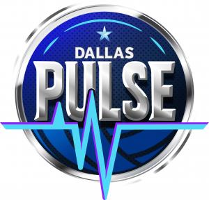 Dallas Pulse logo featuring bold silver and white lettering with the word “Pulse” across a circular dark blue background accented with a light blue heartbeat line running through the center. A small silver star appears above the word “Dallas,” and the des