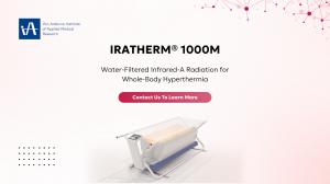 IRATHERM 1000M whole-body hyperthermia system with patient bed surrounded by six water-filtered infrared radiators at Robotimize Singapore headquarters