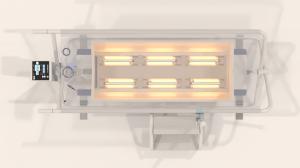 Six specialized wIRA radiators positioned around IRATHERM treatment bed for uniform whole-body thermal coverage