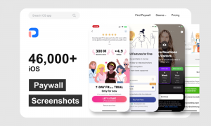 Screenshot of PaywallPro’s global paywall intelligence platform featuring 46,000+ iOS paywall examples and 2,000 onboarding flows for app subscription optimization.
