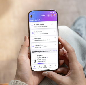 Screenshot of Leap by CureMD, an AI-powered patient engagement app showing real-time health updates, appointments, and medication management features.
