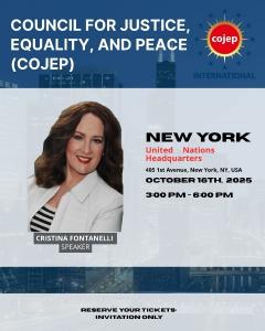 Poster re: Award-winning singer Cristina Fontanelli featured speaker at the United Nations COJEP Summit October 16, 2025