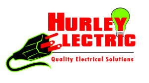 This is an image of Hurley Electrics Logo. It has the name printed with a plug outlined in green. Behind the Y in Hurley is a green light bulb.